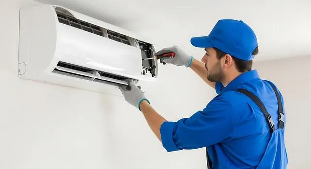 A technician repairing a wall-mounted aircon